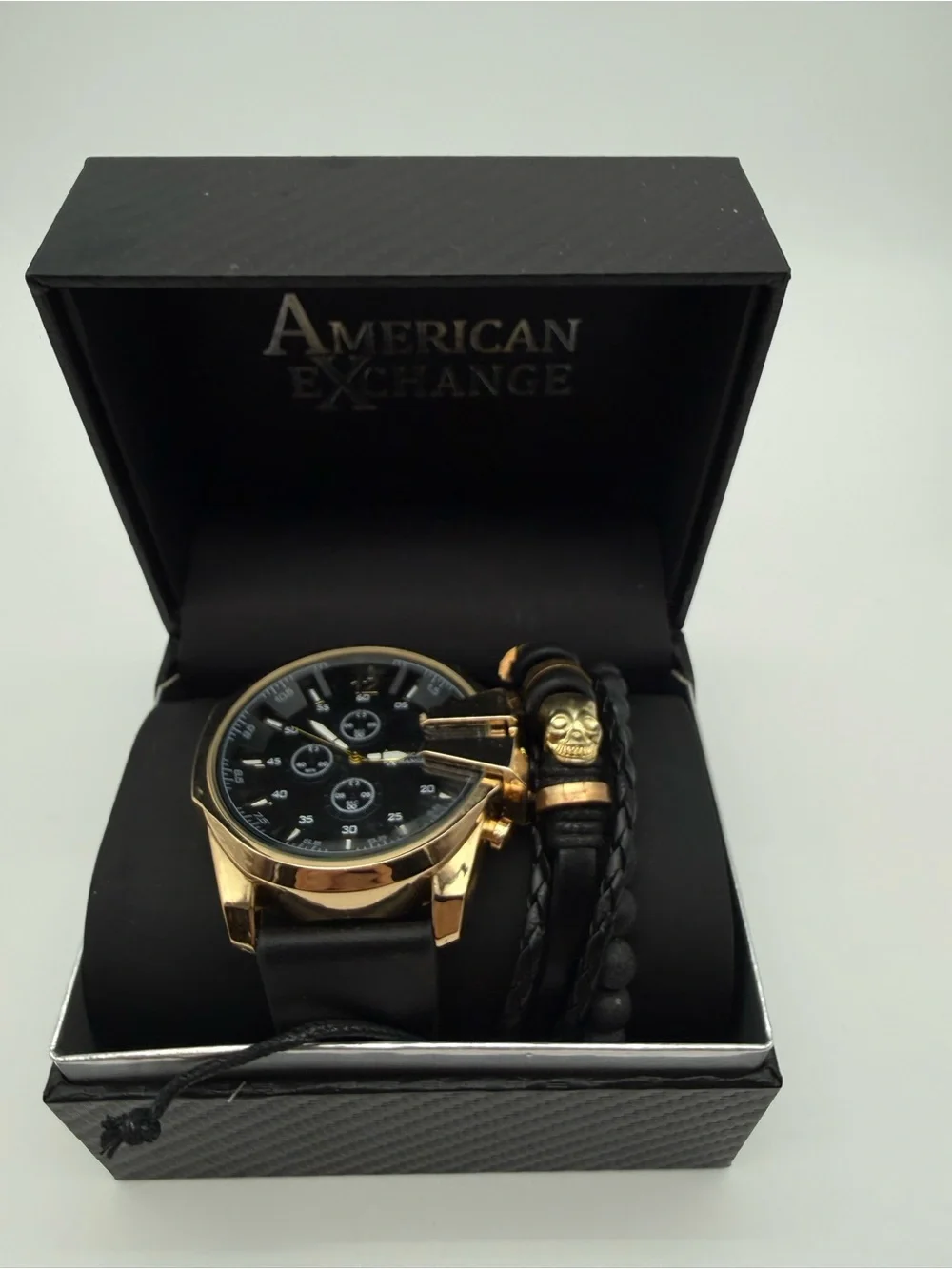 Gold and Black Men's Chronograph Watch with Leather Skull Bracelet